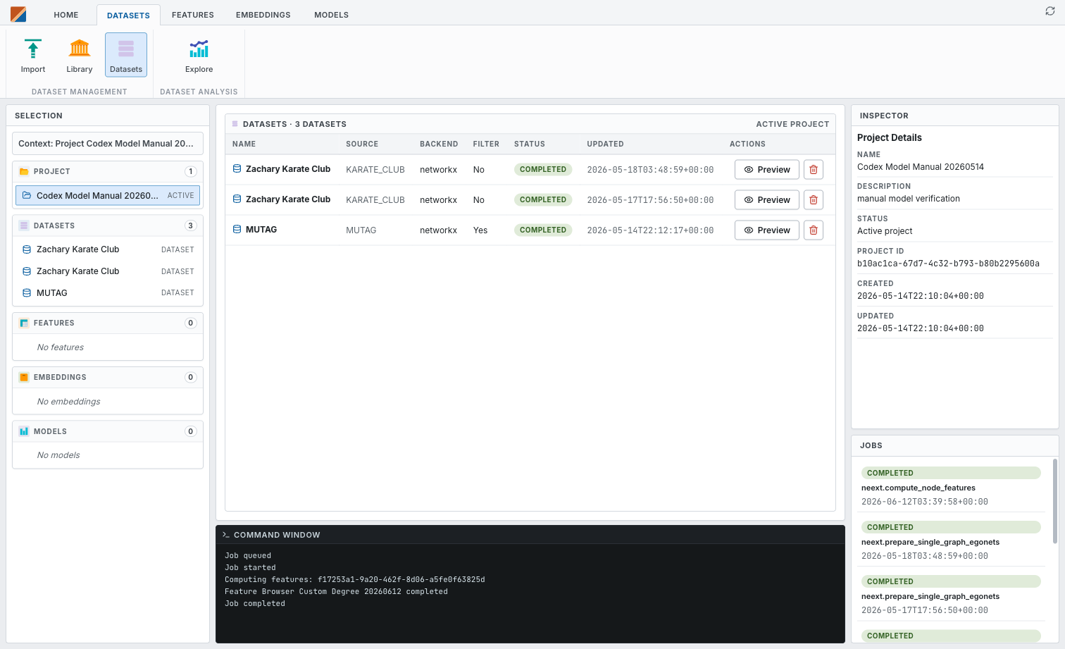 NEExT Workbench datasets view: prepared graph datasets with statuses, inspector and job history