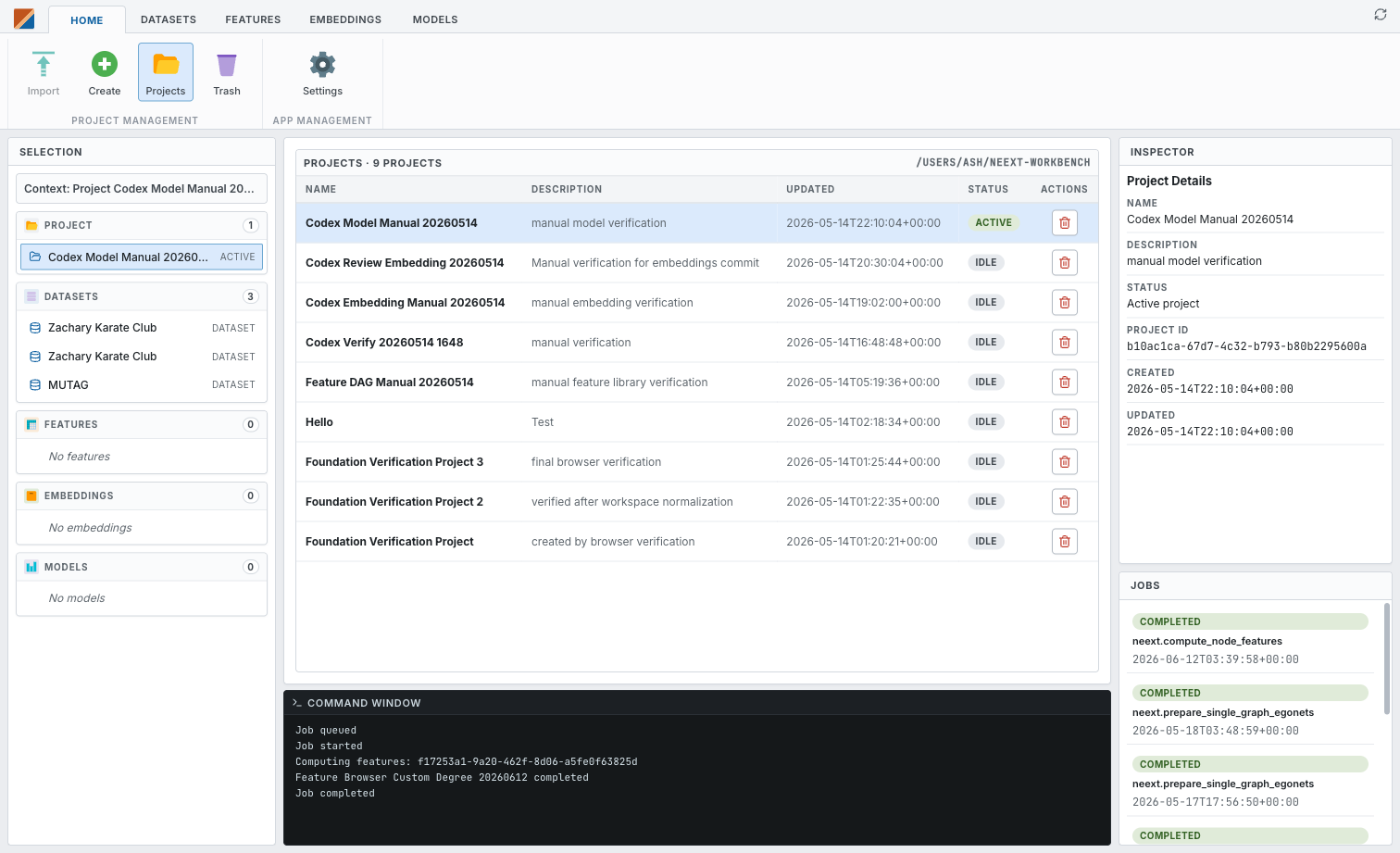 NEExT Workbench home: projects list with inspector, jobs panel, and command window